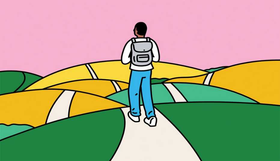 illustration of person wearing backpack, walking on path