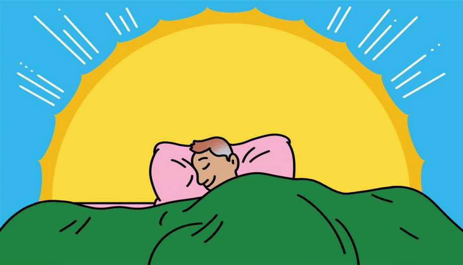 illustration of person sleeping in bed with sun behind them