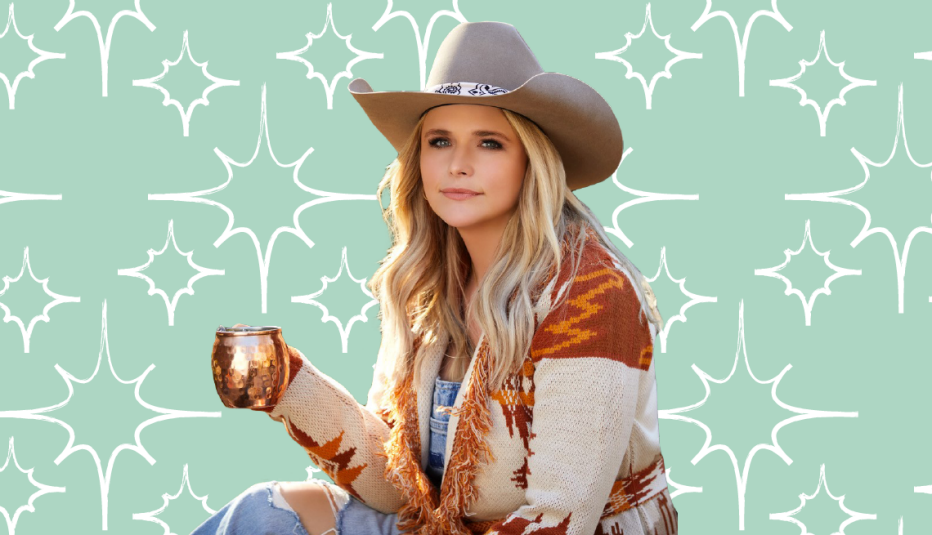 miranda lambert holding cup, wearing cowboy hat against mint green background with designs on it