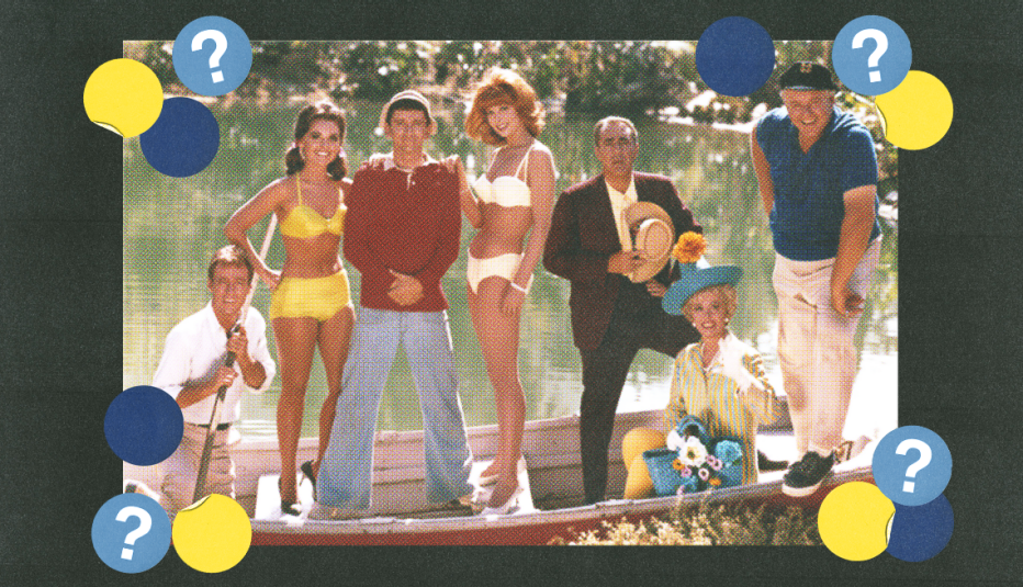 cast of gilligan's island in small boat; surrounded by yellow, dark blue and lighter blue circles with question marks