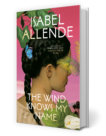 cover of isabel allende's book the wind knows my name, showing a woman from the back with a blue butterfly in her braided black hair