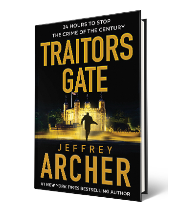 book cover that says traitors gate jeffrey archer; man on cover in front of building