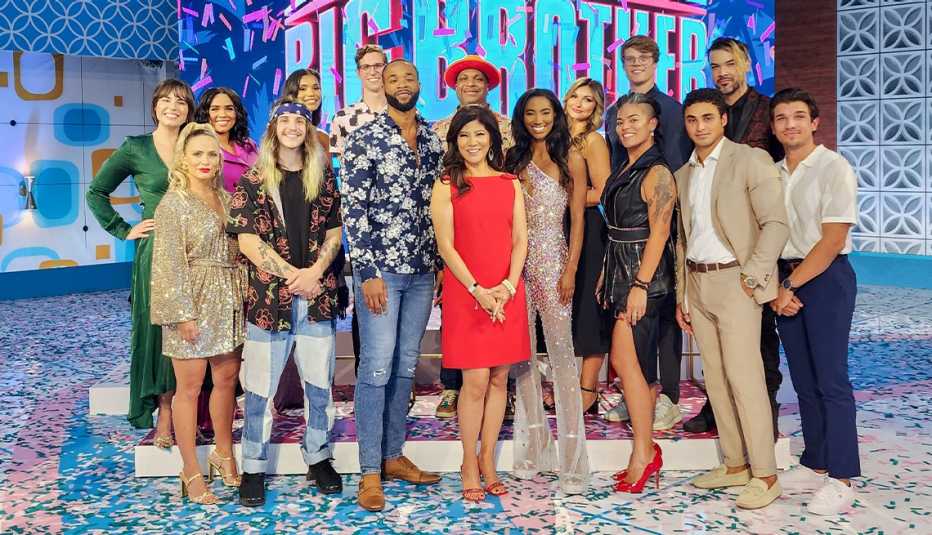 julie chen moonves with group of people on set of big brother