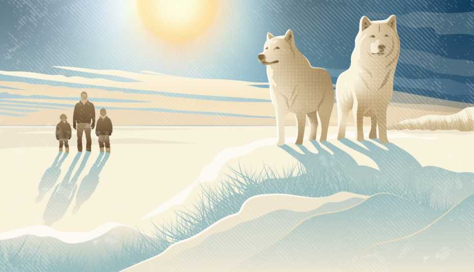illustration of man and two children standing in snow; two wolves in the foreground on a little hill