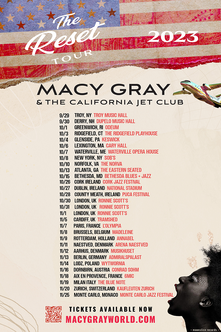 poster with dates and locations for Macy Gray & The California Jet Club's Reset Tour 2023 from September 29 to November 25, with headshot of Macy Gray singing, an airplane and the American flag