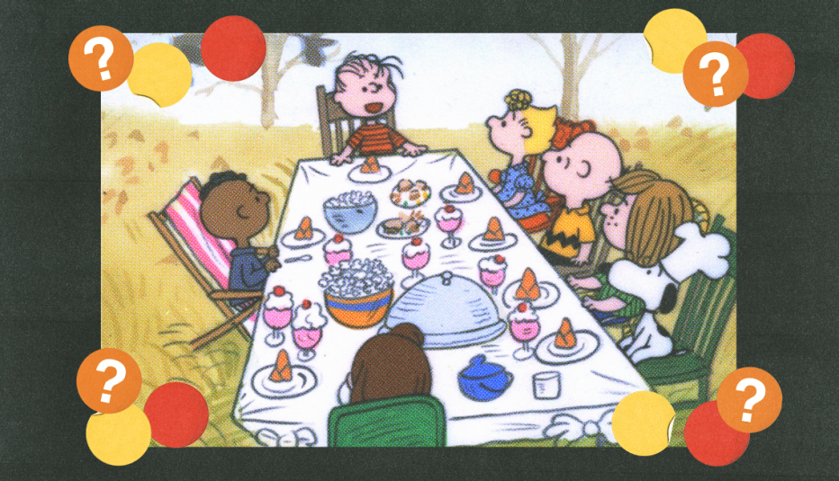 characters of peanuts comic sitting around rectangular table with food on it; yellow, red and orange circles with question marks surround them