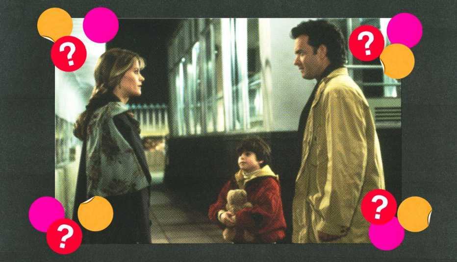 meg ryan, ross malinger and tom hanks in a still from sleepless in seattle; pink, yellow and red circles with question marks surround them