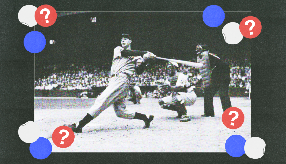 black and white image of baseball player swinging bat, catcher and umpire behind him; crowd in stands in the distance; blue, white and red circles with question marks surround them