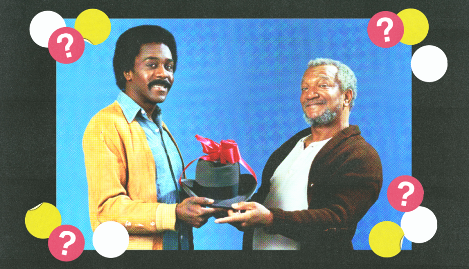 demond wilson and redd foxx each holding a side of the same hat with bow on it; white, yellow and red circles with question marks surround them 