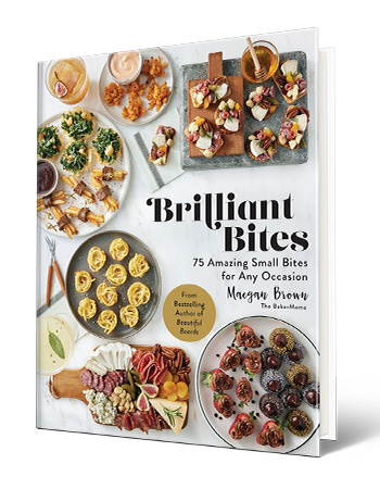 book cover with words brilliant bites 75 amazing small bites for any occasion; maegan brown