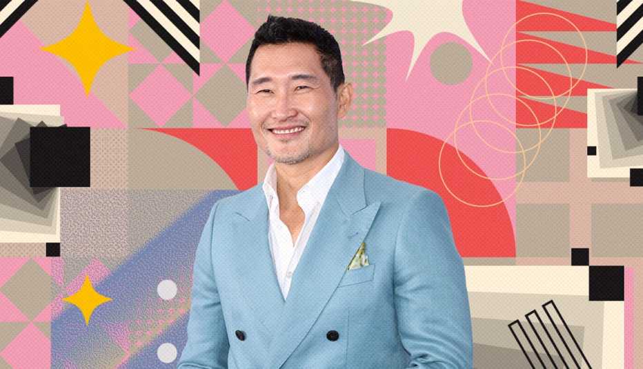 daniel dae kim on colorful, flashy background with all sorts of shapes and symbols