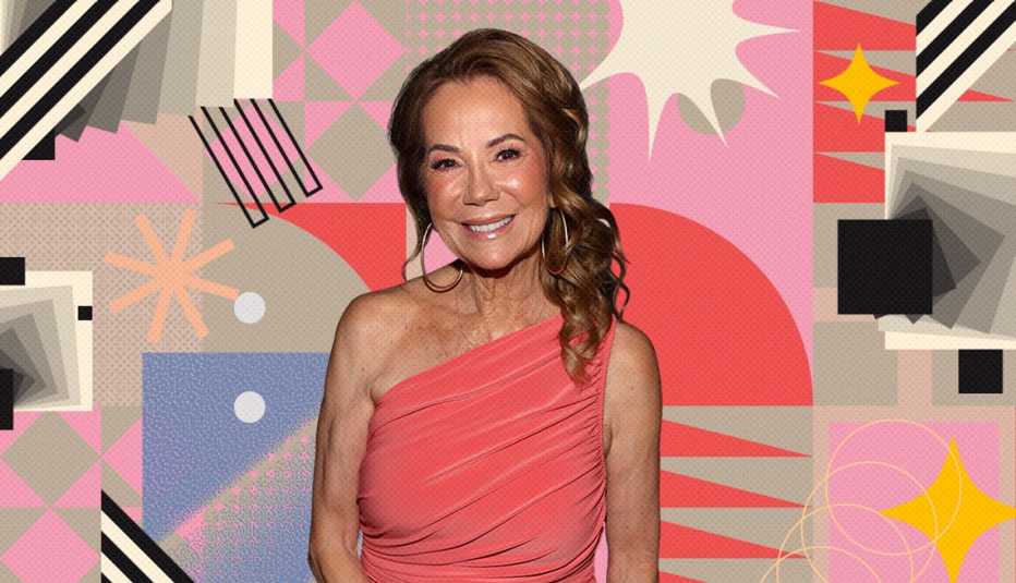 kathie lee gifford on colorful, flashy background with all sorts of shapes and symbols