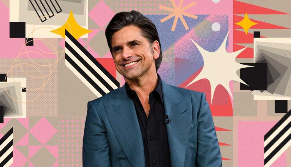 john stamos on colorful, flashy background with all sorts of shapes and symbols