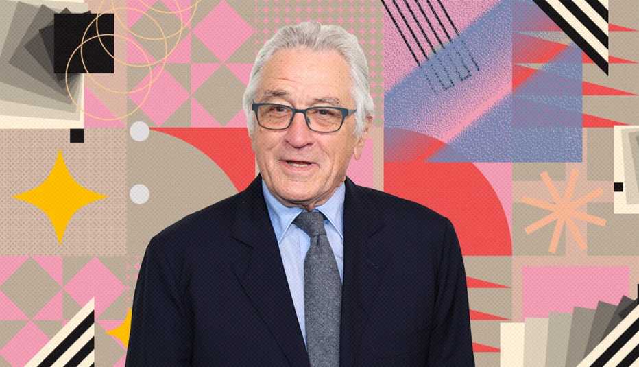 robert de niro on colorful, flashy background with all sorts of shapes and symbols