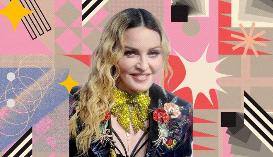 madonna on colorful, flashy background with all sorts of shapes and symbols