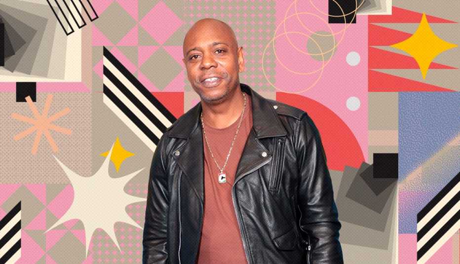 dave chappelle on colorful, flashy background with all sorts of shapes and symbols
