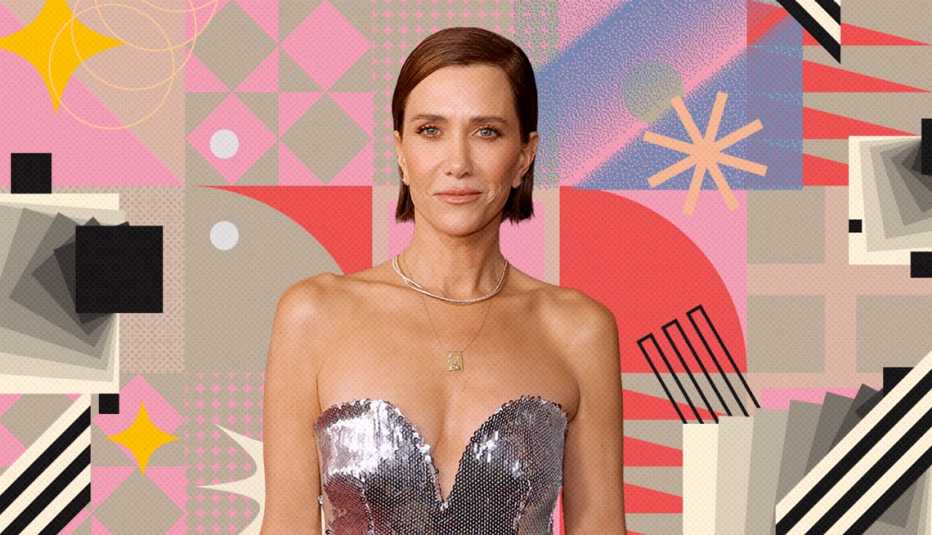 kristen wiig on colorful, flashy background with all sorts of shapes and symbols