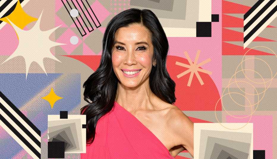 lisa ling on colorful, flashy background with all sorts of shapes and symbols