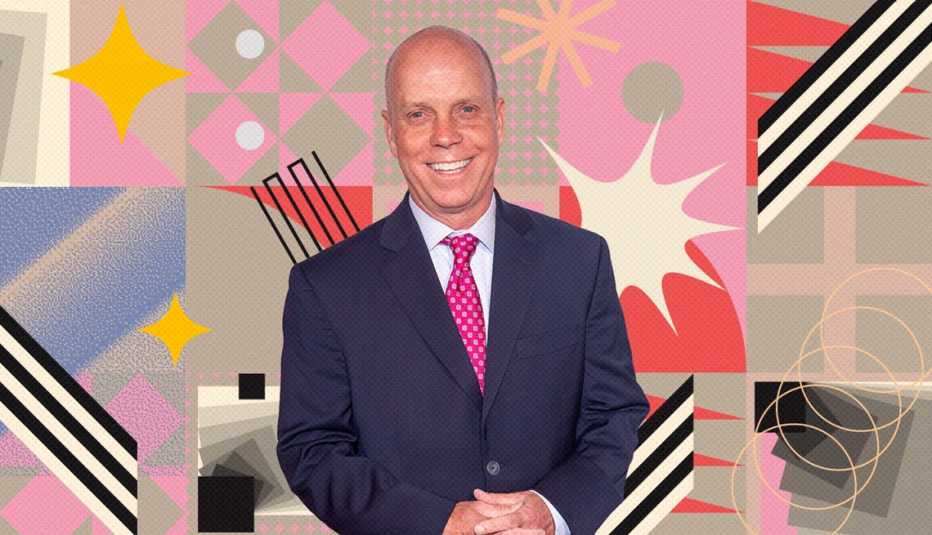 scott hamilton on colorful, flashy background with all sorts of shapes and symbols