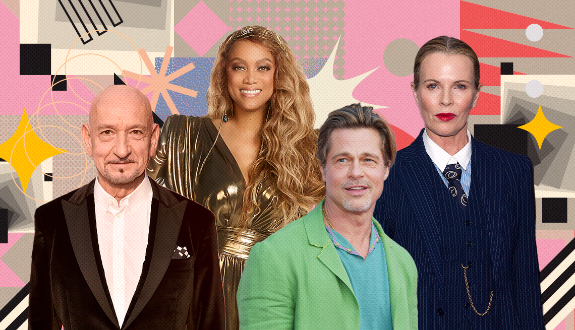 collage of ben kingsley, tyra banks, brad pitt, and kim basinger on colorful, flashy background with all sorts of shapes and symbols