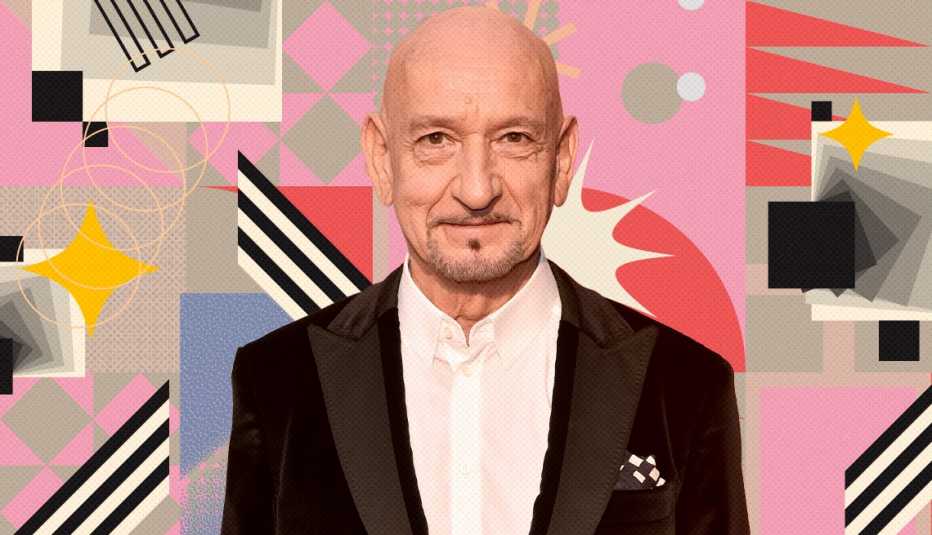 ben kingsley on colorful, flashy background with all sorts of shapes and symbols