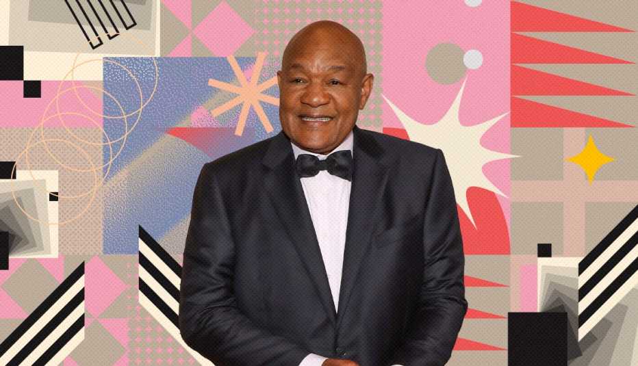george foreman on colorful, flashy background with all sorts of shapes and symbols