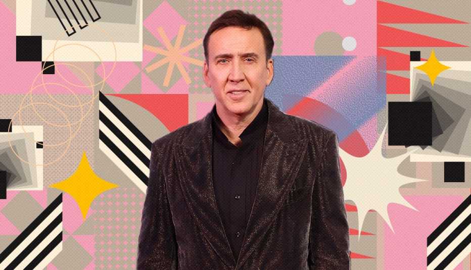 nicolas cage on colorful, flashy background with all sorts of shapes and symbols