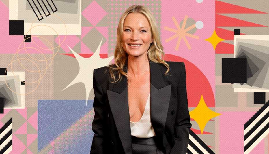 kate moss on colorful, flashy background with all sorts of shapes and symbols