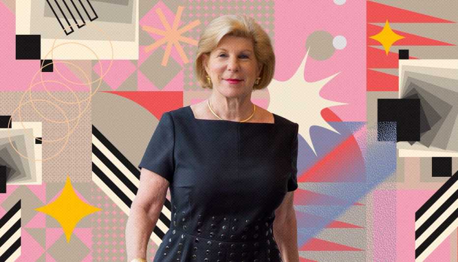 nina totenberg on colorful, flashy background with all sorts of shapes and symbols