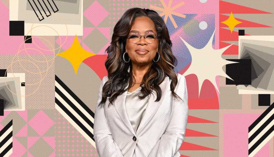 oprah winfrey on colorful, flashy background with all sorts of shapes and symbols