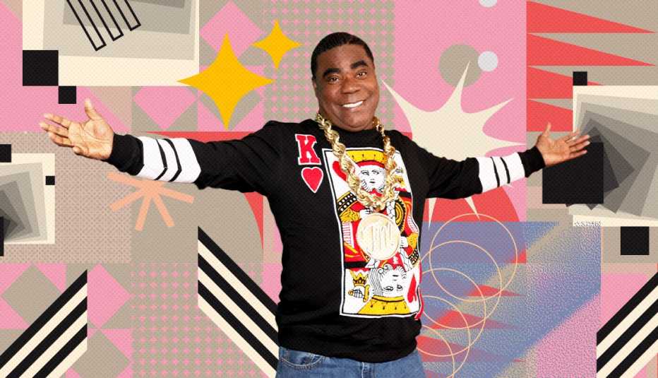 tracy morgan on colorful, flashy background with all sorts of shapes and symbols