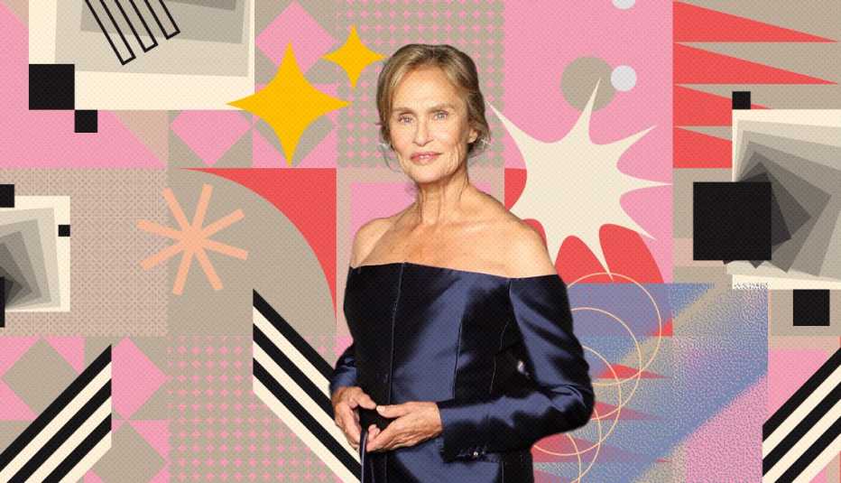 lauren hutton on colorful, flashy background with all sorts of shapes and symbols