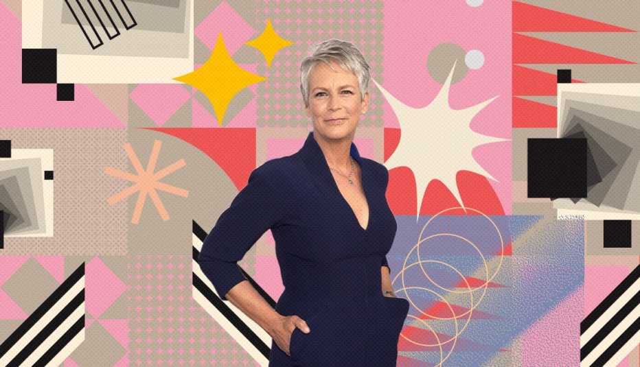 jamie lee curtis on colorful, flashy background with all sorts of shapes and symbols