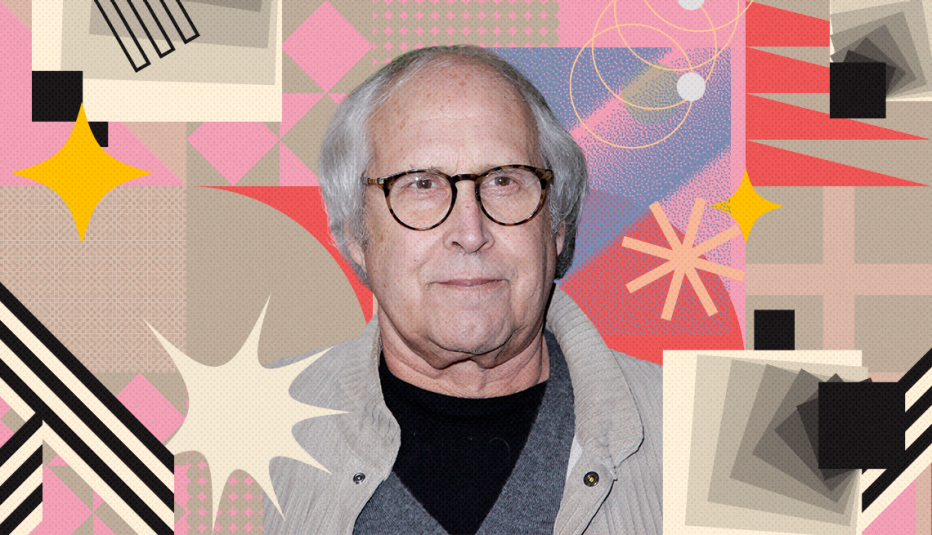 chevy chase on colorful, flashy background with all sorts of shapes and symbols