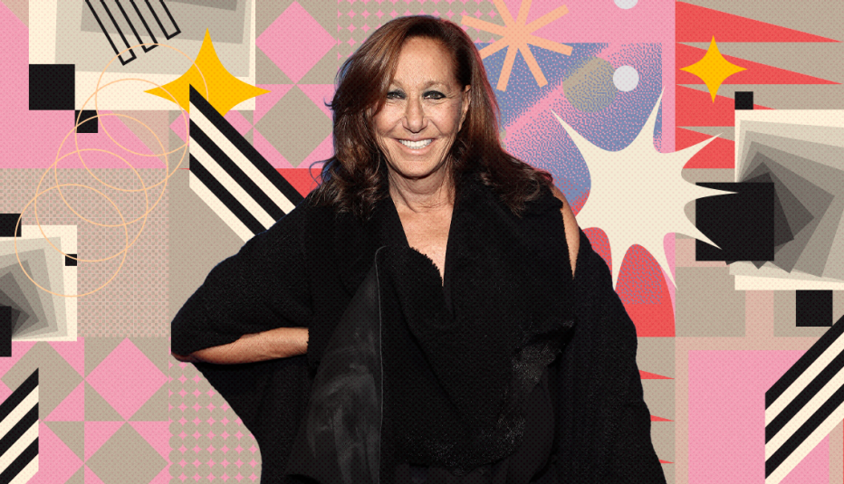 donna karan on colorful, flashy background with all sorts of shapes and symbols