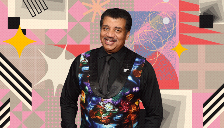 neil degrasse tyson on colorful, flashy background with all sorts of shapes and symbols