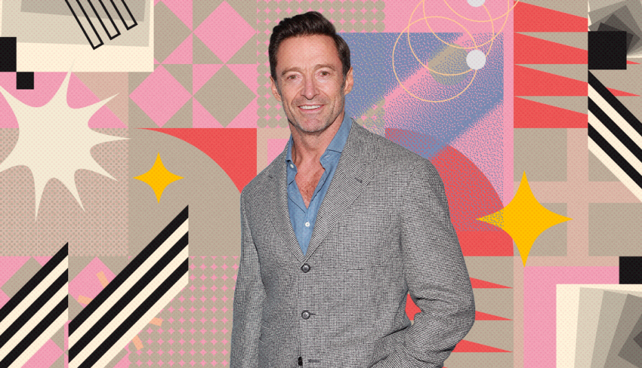hugh jackman on colorful, flashy background with all sorts of shapes and symbols