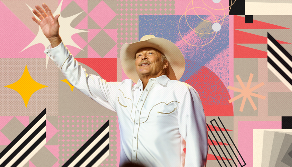 alan jackson on colorful, flashy background with all sorts of shapes and symbols