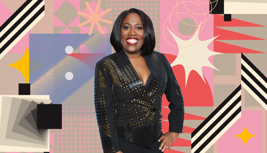 sheryl underwood on colorful, flashy background with all sorts of shapes and symbols