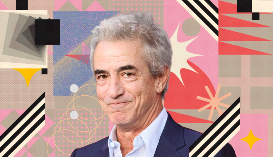 dermot mulroney on colorful, flashy background with all sorts of shapes and symbols