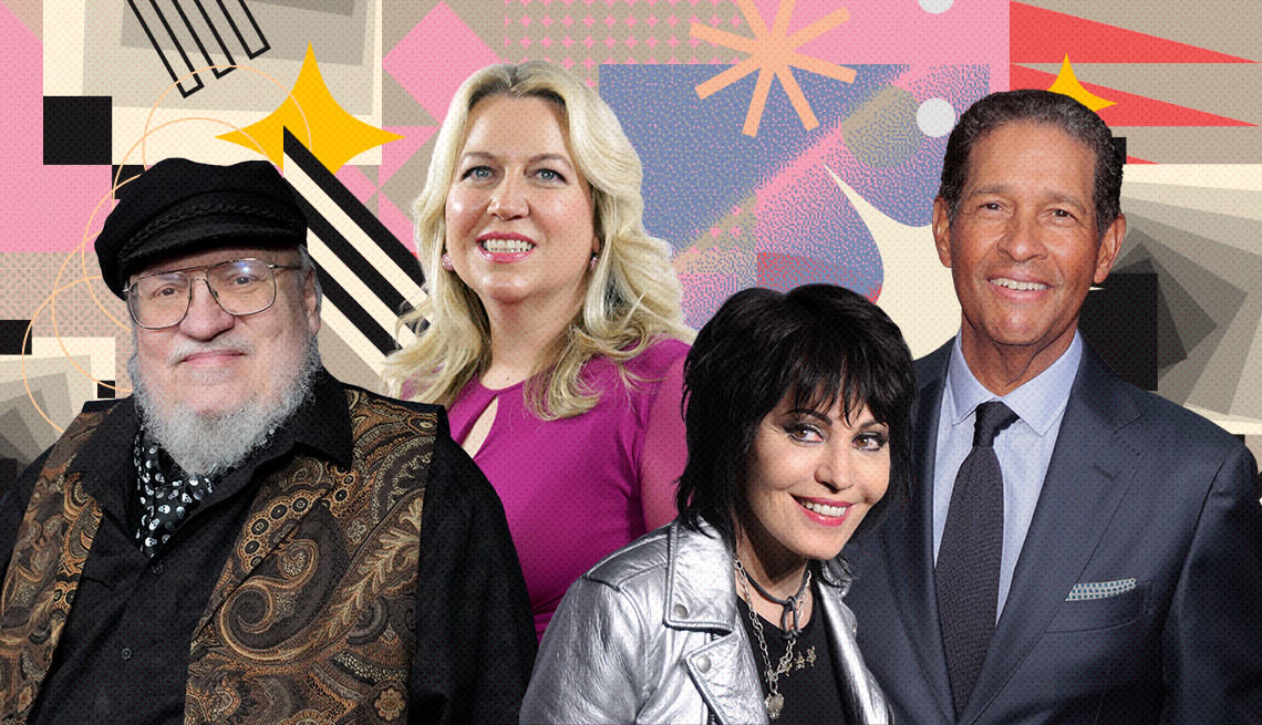 collage of george r r martin, cheryl strayed, joan jett, and bryant gumbel on colorful, flashy background with all sorts of shapes and symbols