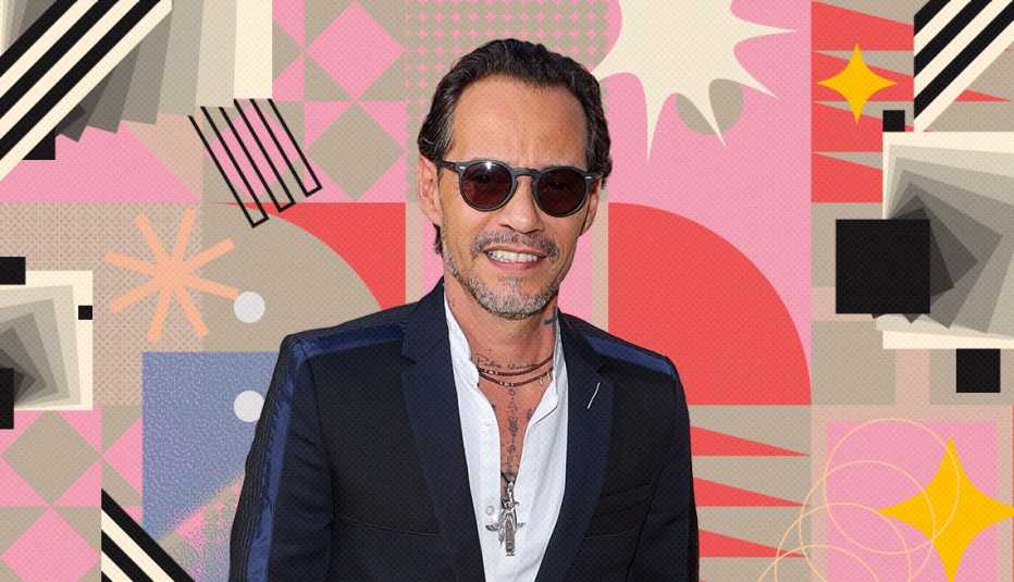 marc anthony on colorful, flashy background with all sorts of shapes and symbols