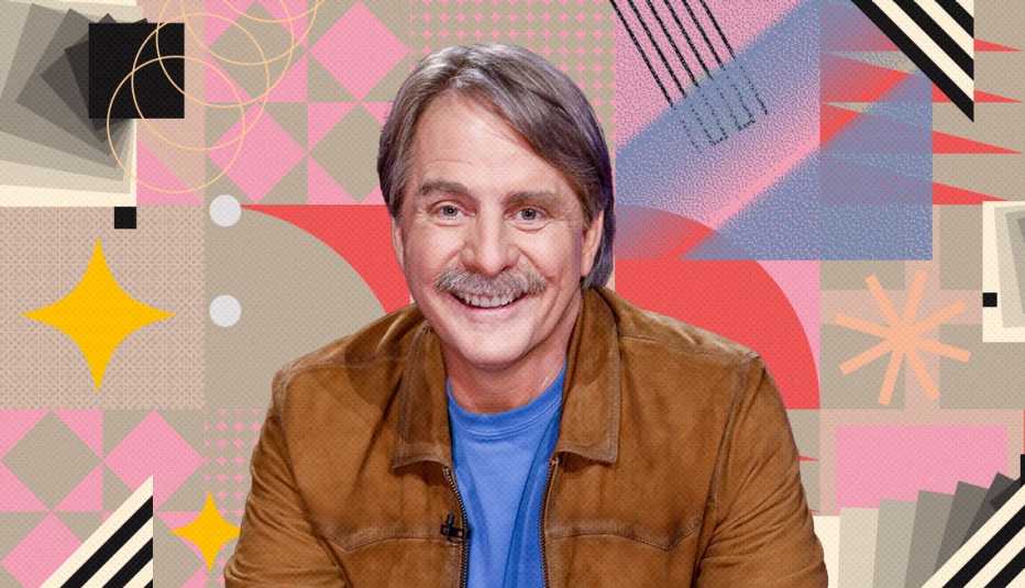 jeff foxworthy on colorful, flashy background with all sorts of shapes and symbols