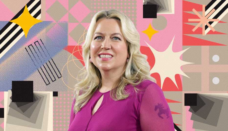 cheryl strayed on colorful, flashy background with all sorts of shapes and symbols
