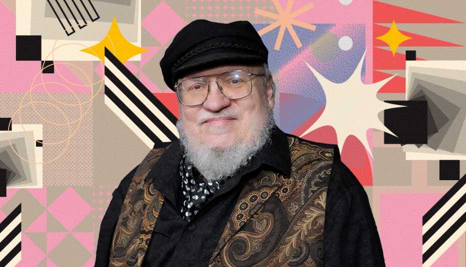 george r r martin on colorful, flashy background with all sorts of shapes and symbols