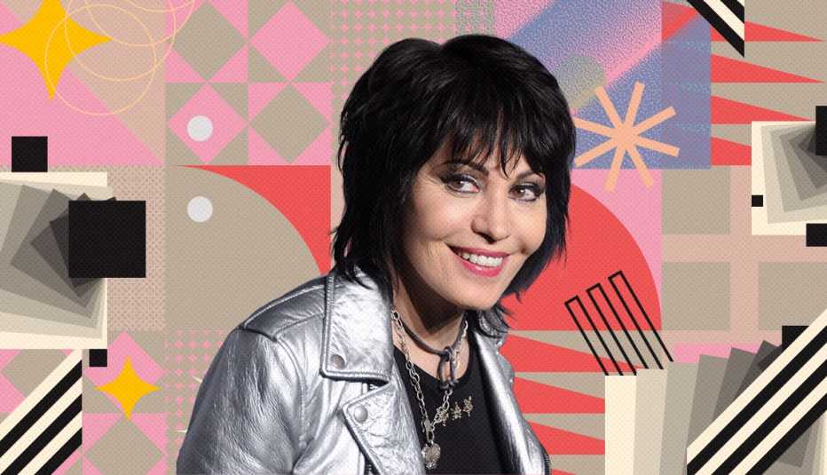 joan jett on colorful, flashy background with all sorts of shapes and symbols