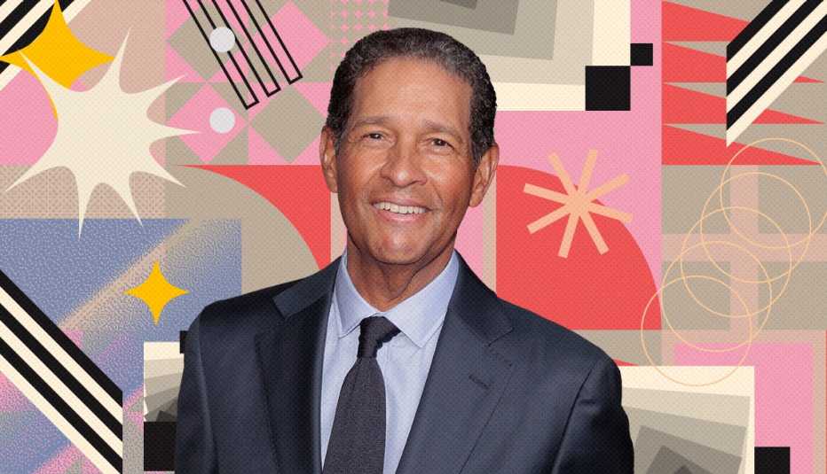 bryant gumbel on colorful, flashy background with all sorts of shapes and symbols