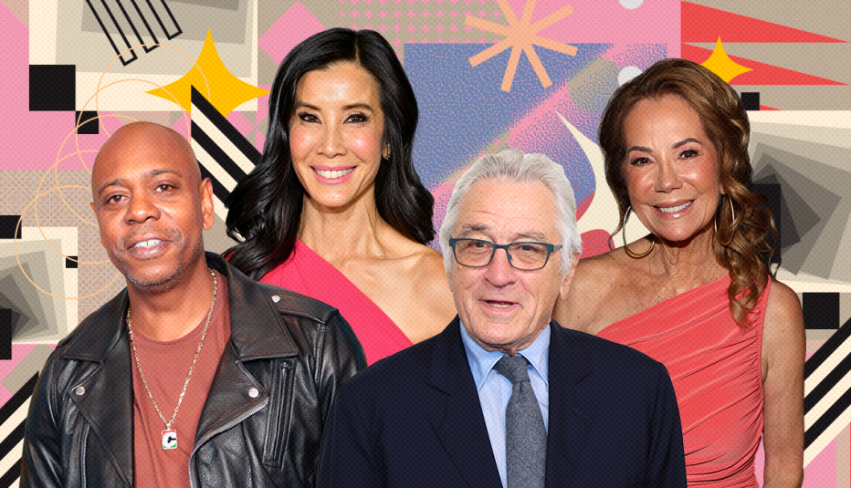 collage of dave chappelle, lisa ling, robert de niro and kathie lee gifford on colorful, flashy background with all sorts of shapes and symbols