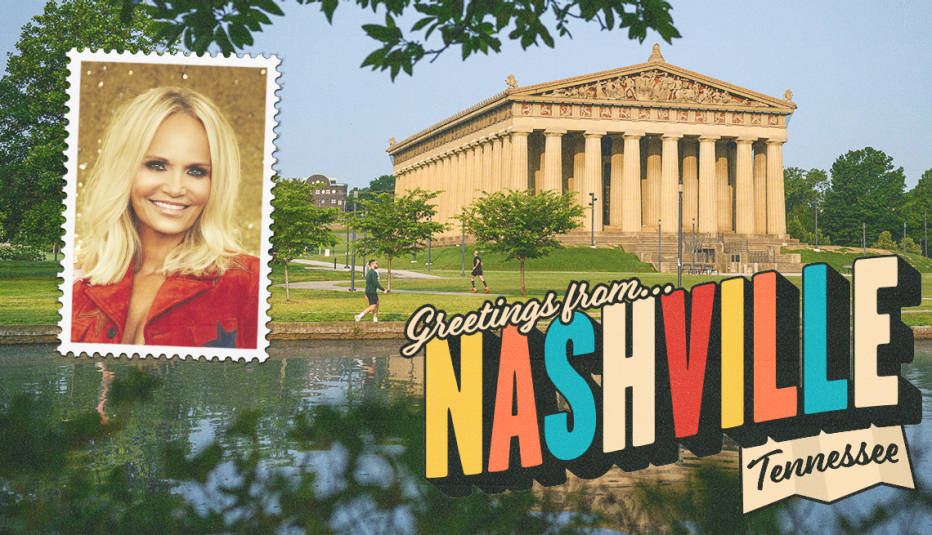building and body of water as background; photo of kristin chenoweth in upper left corner; the words greetings from nashville, tennessee in bottom right corner