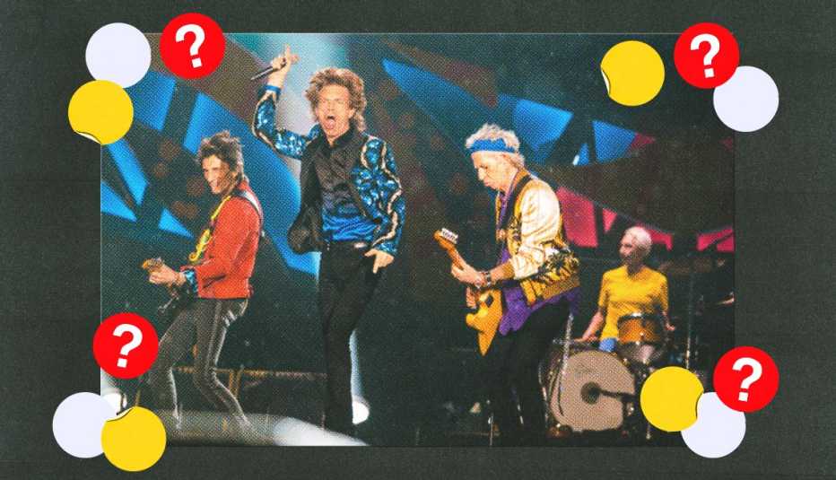rolling stones band members on stage; yellow, white and red circles with question marks surround them.